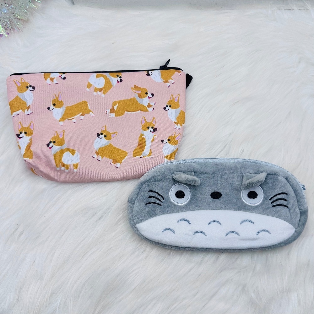 Cute Corgi and Totoro Kids Pouch Bundle, Pencil Case or Cosmetic Makeup bag